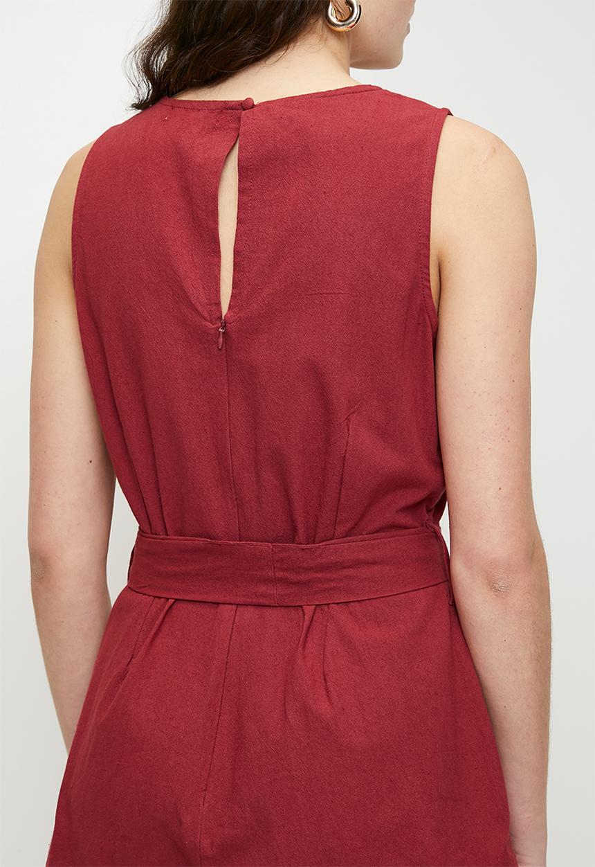Brave Soul - Ladies Linen Look Playsuit With Tie Waist Detail - Red