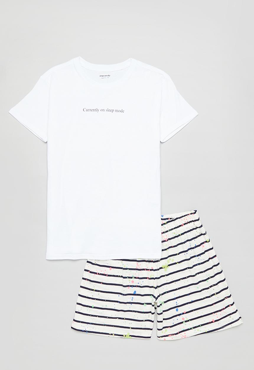 Pop Candy - Slogan pj top with striped shorts - white/black stripe/paint splatter