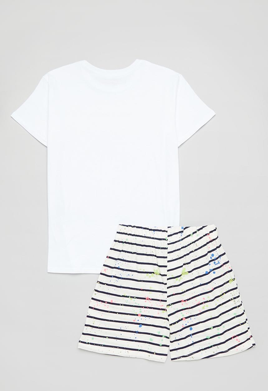 Pop Candy - Slogan pj top with striped shorts - white/black stripe/paint splatter
