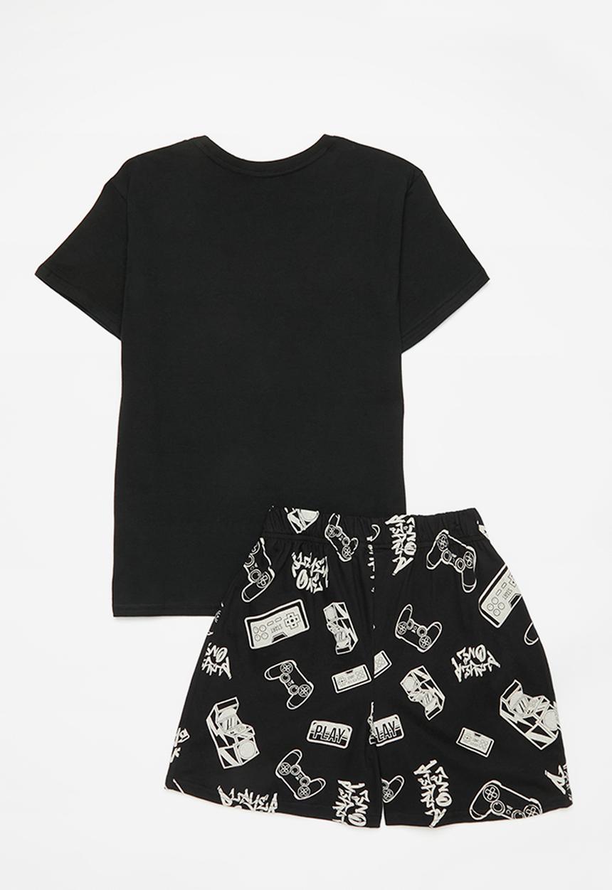 Pop Candy - Graphic print pj top with shorts - black/gameboy multi