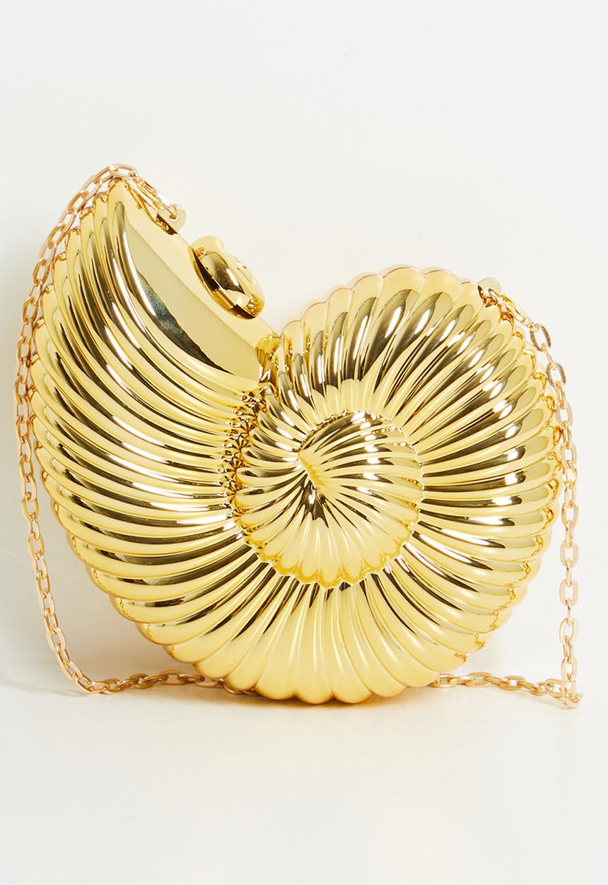 Eliza shell clutch bag with cross body chain strap - gold