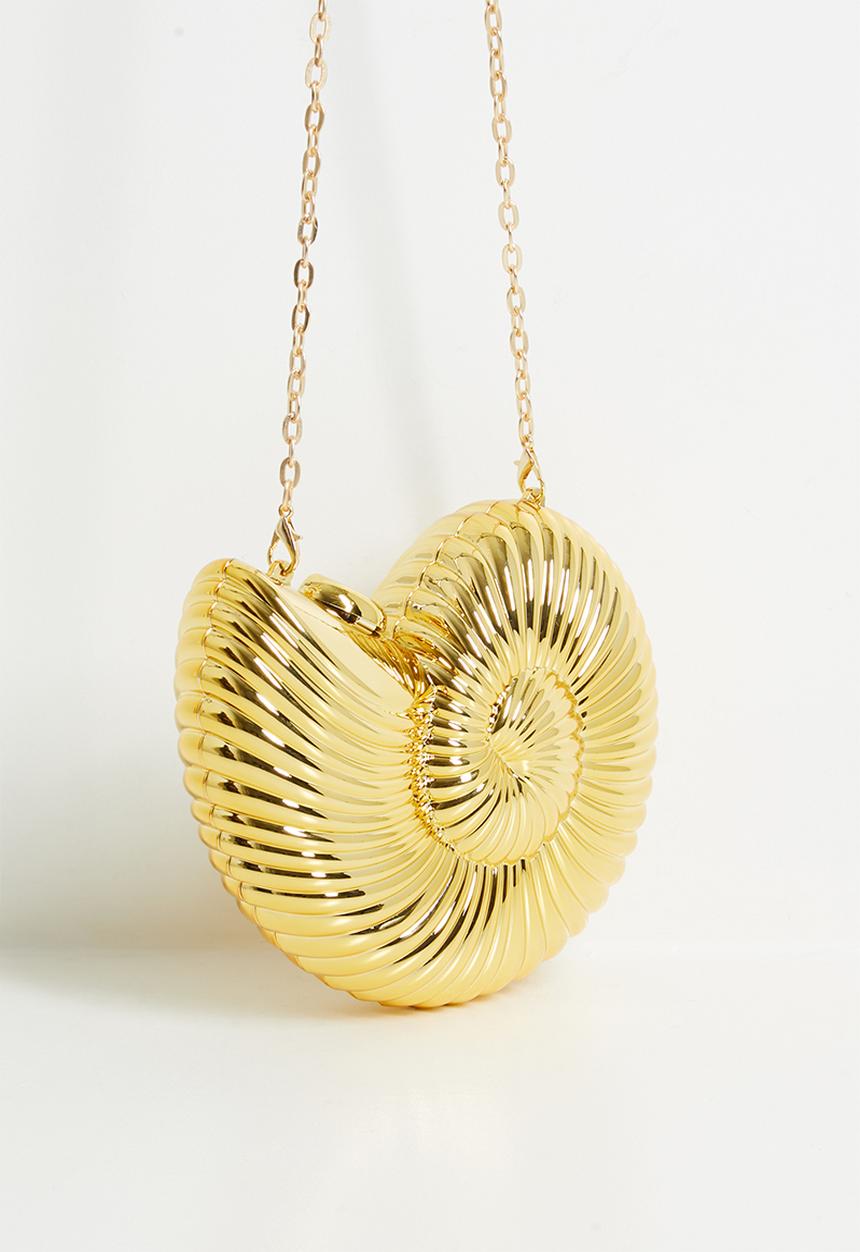 Eliza shell clutch bag with cross body chain strap - gold