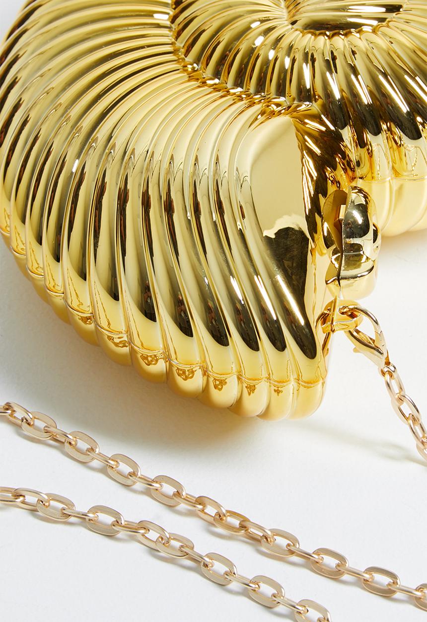 Eliza shell clutch bag with cross body chain strap - gold