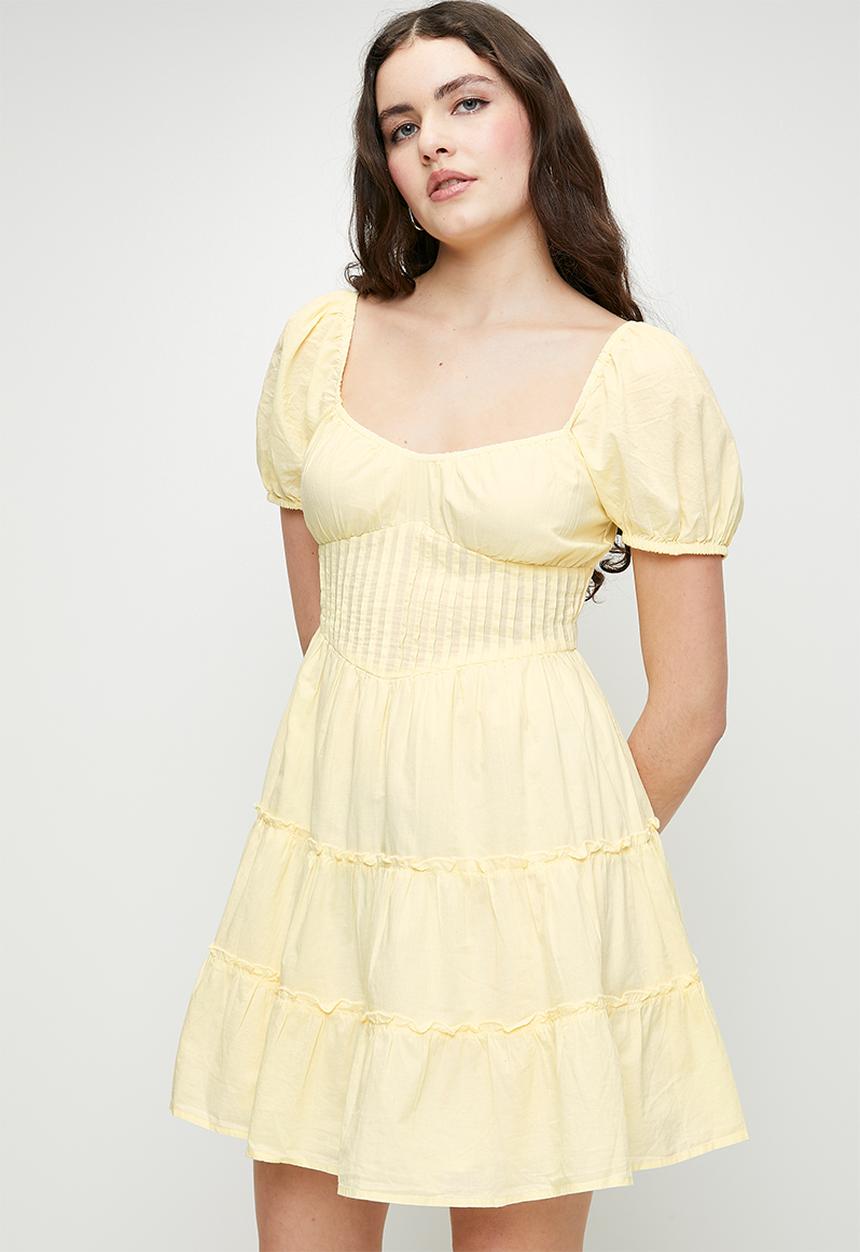 Brave Soul - Ladies Short Sleeve Pleated Dress - Lemon Cream