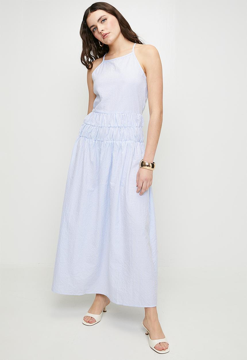 Brave Soul - Ladies Stripe Maxi DressWith Sheered Waist - White/Blue