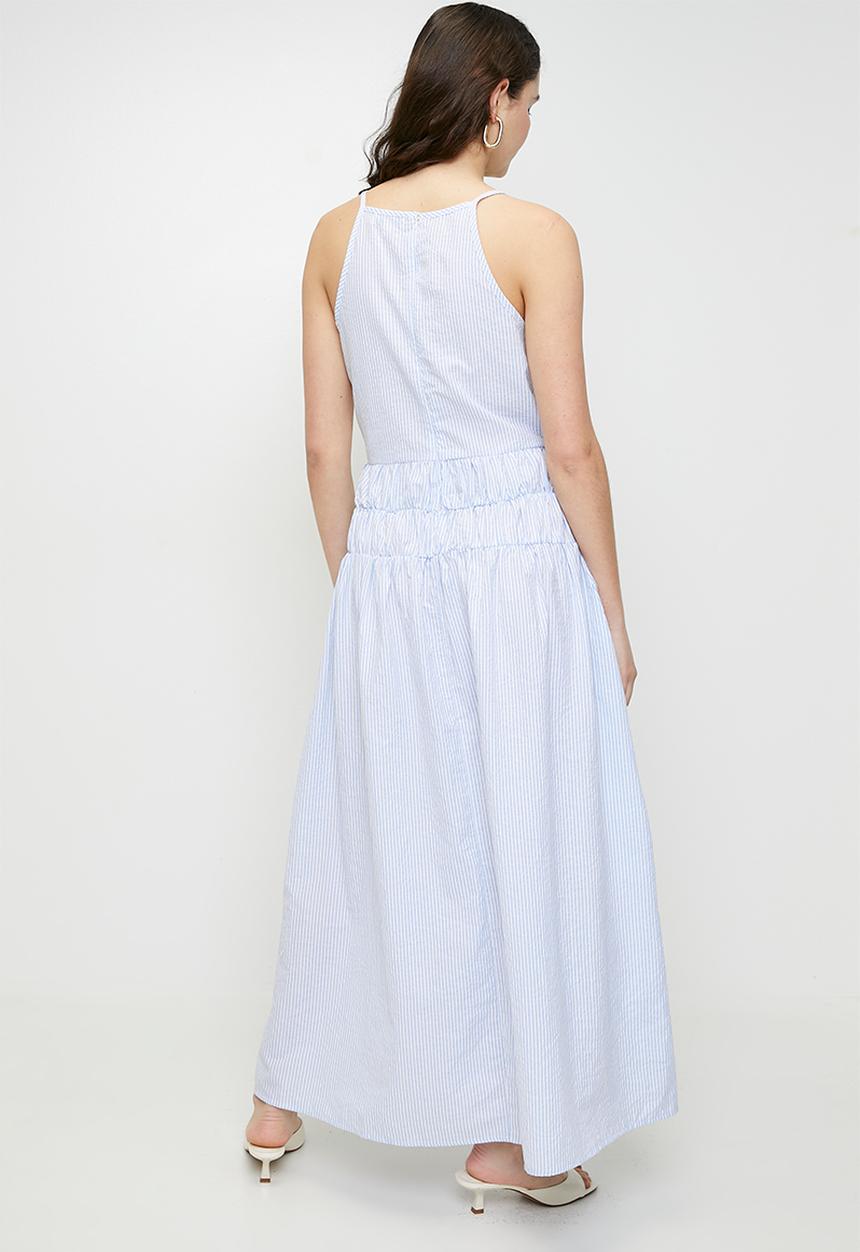 Brave Soul - Ladies Stripe Maxi DressWith Sheered Waist - White/Blue