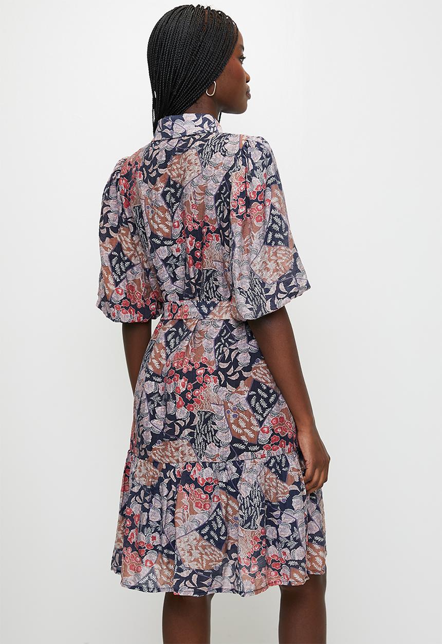 Stella Morgan - Button Through One Tier Midi Dress With Tie Belt - Multi 