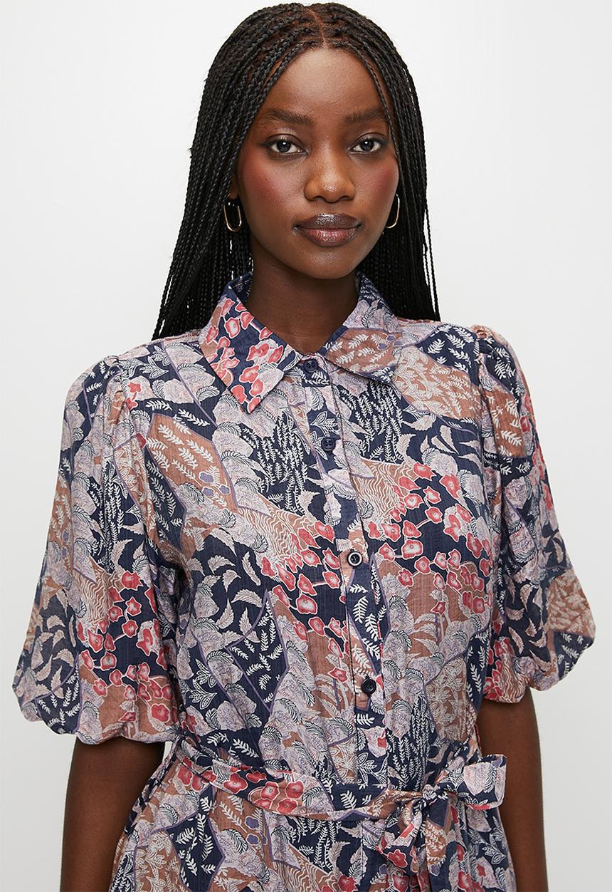Stella Morgan - Button Through One Tier Midi Dress With Tie Belt - Multi 