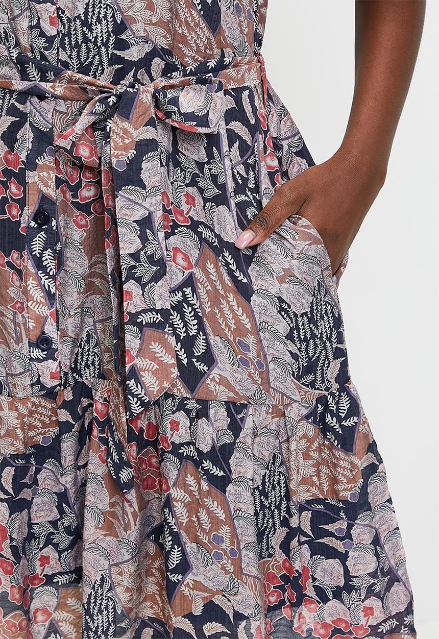 Stella Morgan - Button Through One Tier Midi Dress With Tie Belt - Multi 