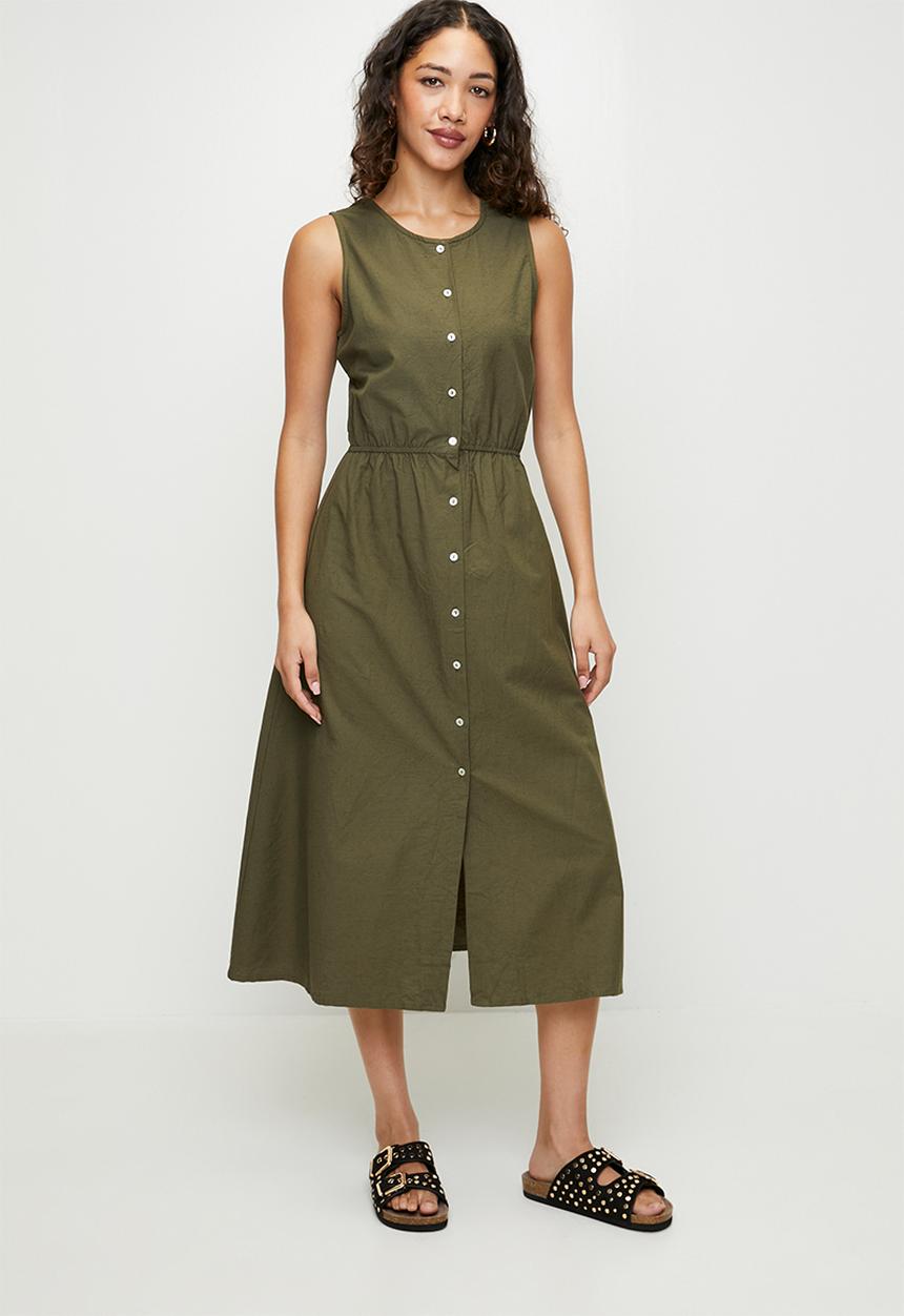 Brave Soul - Ladies Sleeveless Button Down Midi Dress - Khaki