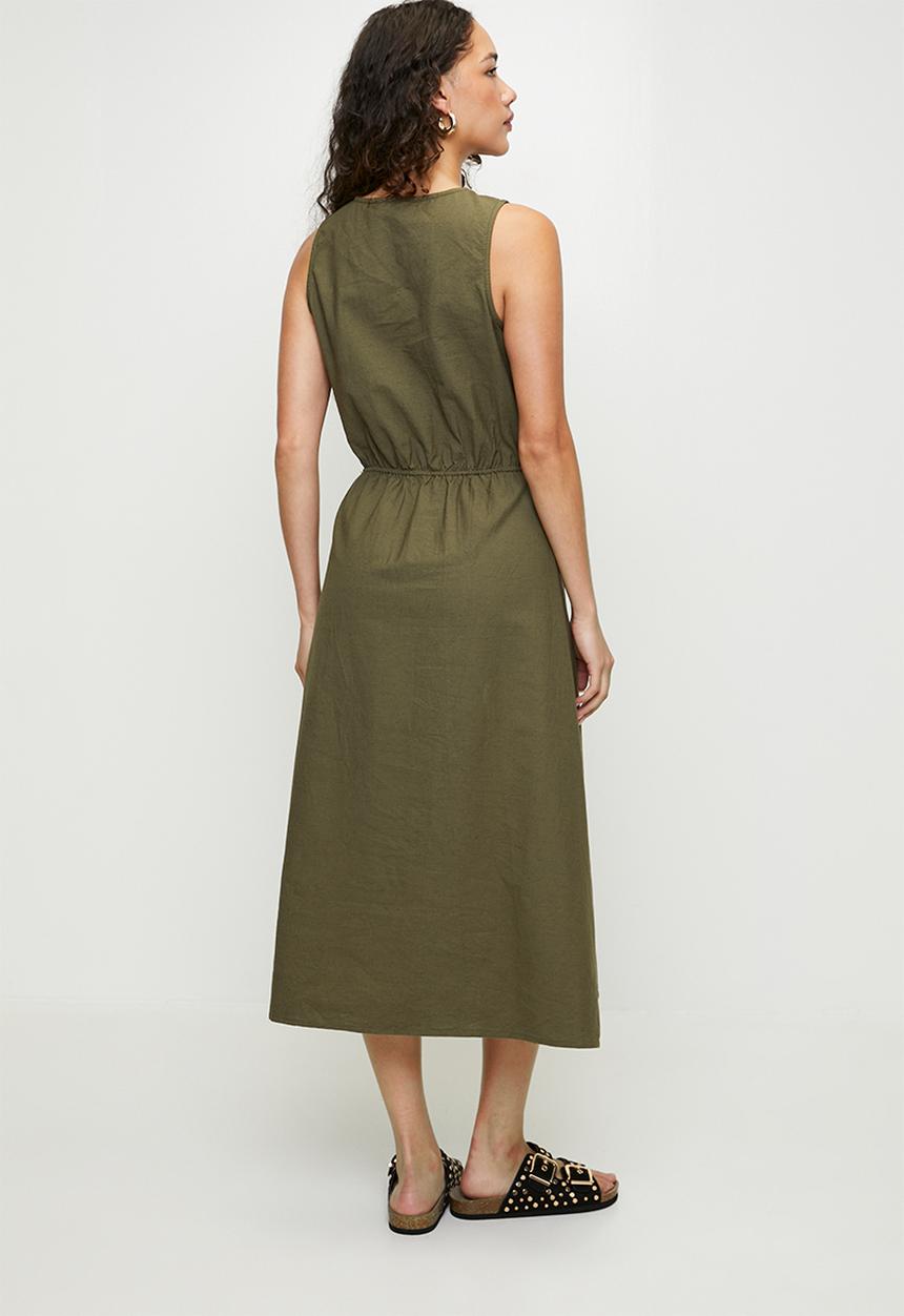 Brave Soul - Ladies Sleeveless Button Down Midi Dress - Khaki