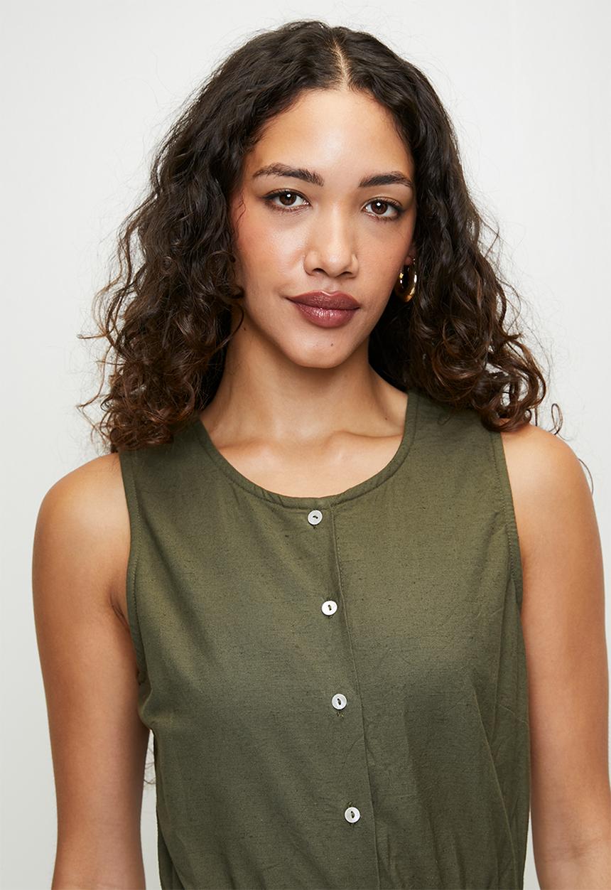 Brave Soul - Ladies Sleeveless Button Down Midi Dress - Khaki
