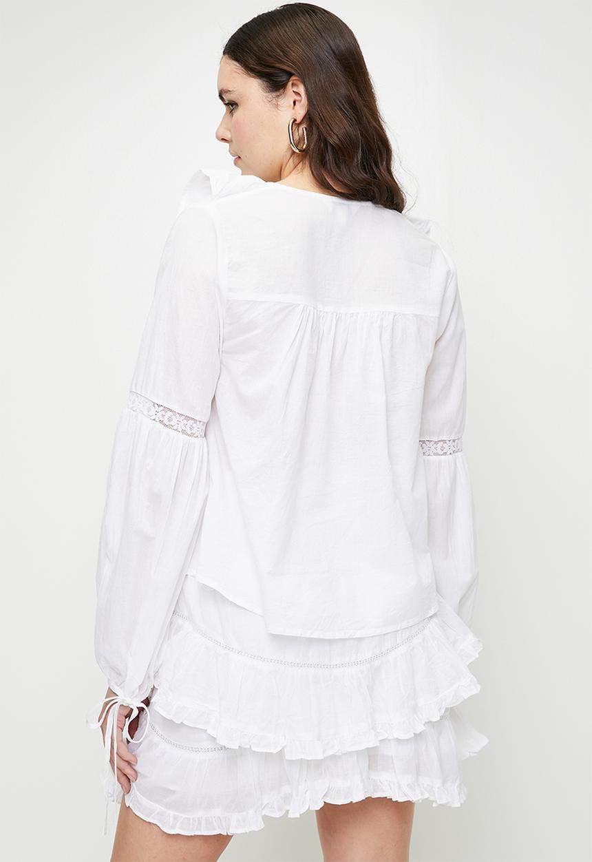 Brave Soul - Ladies Long Sleeve Top With Tie Front And Frill Detail - White