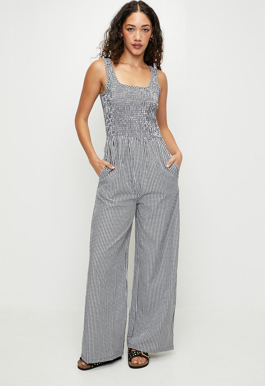 Brave Soul - Ladies Scoop Neckline Gingham Jumpsuit - Black/White Gingham