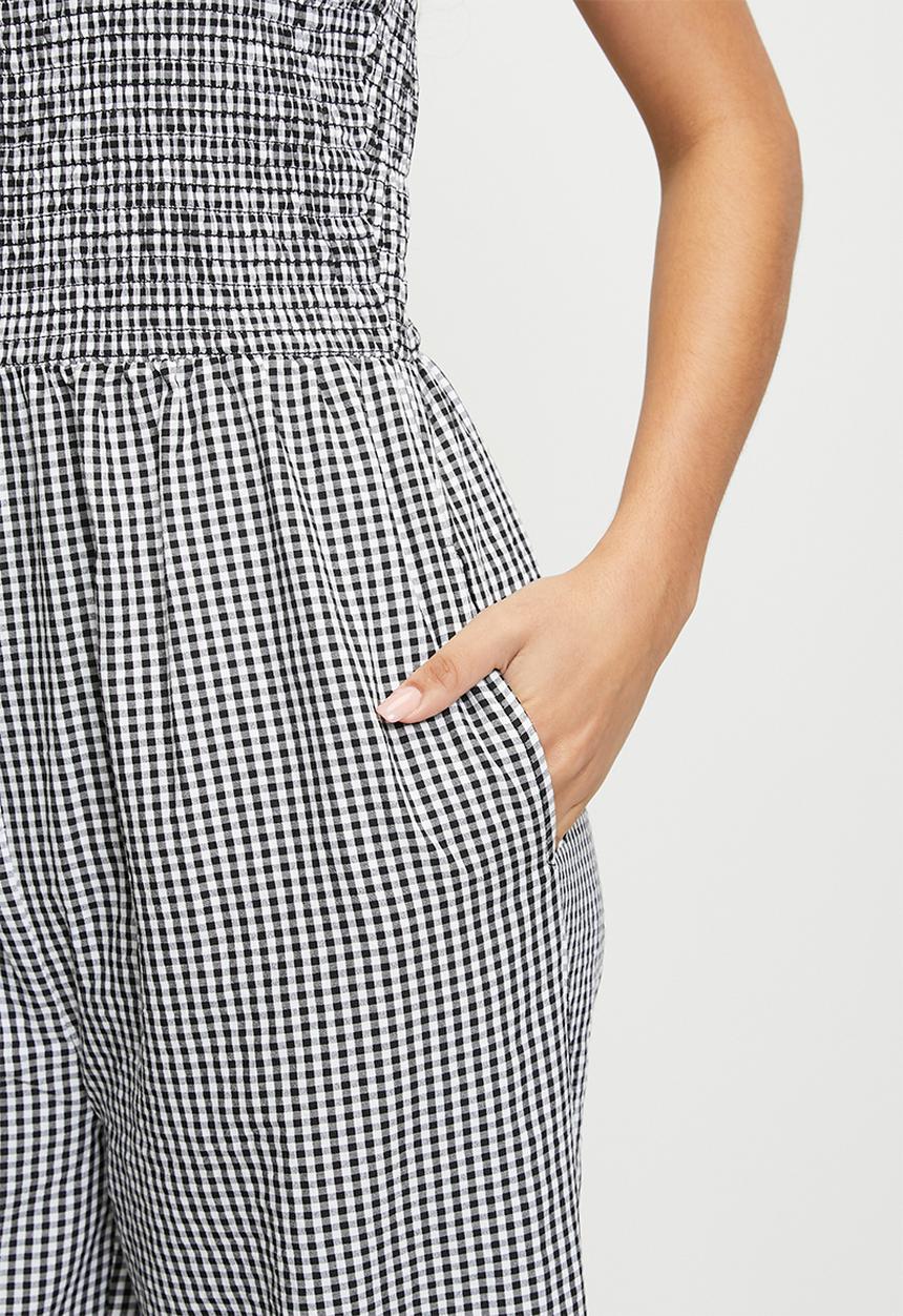Brave Soul - Ladies Scoop Neckline Gingham Jumpsuit - Black/White Gingham