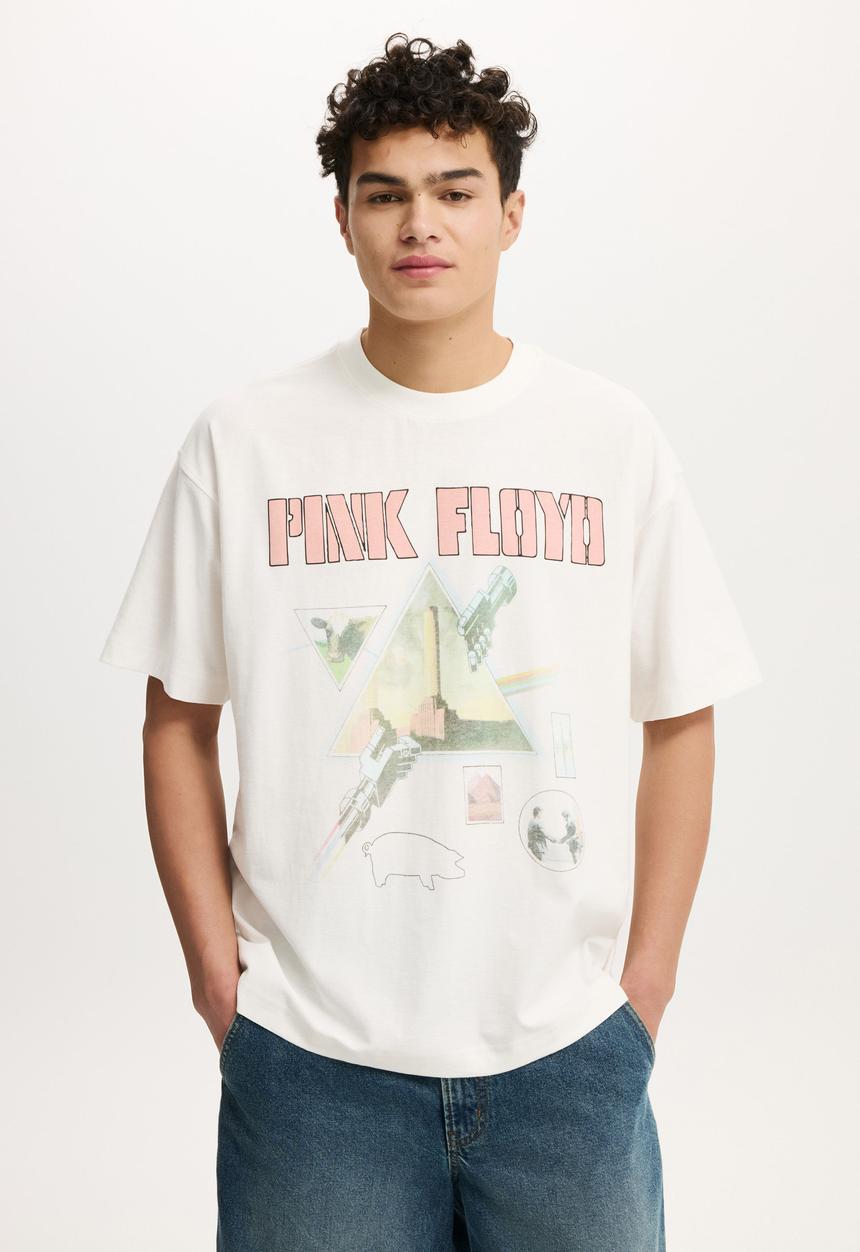 Cotton On - Box Fit Premium Music T-Shirt - Lcn Per Vintage White / Pink Floyd - Tour 77