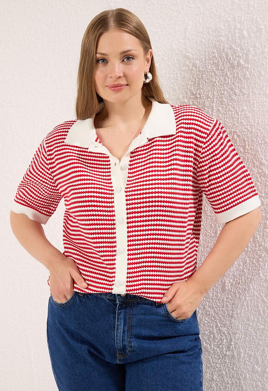 Trendyol - Plus Polo Collar Striped Top - Red