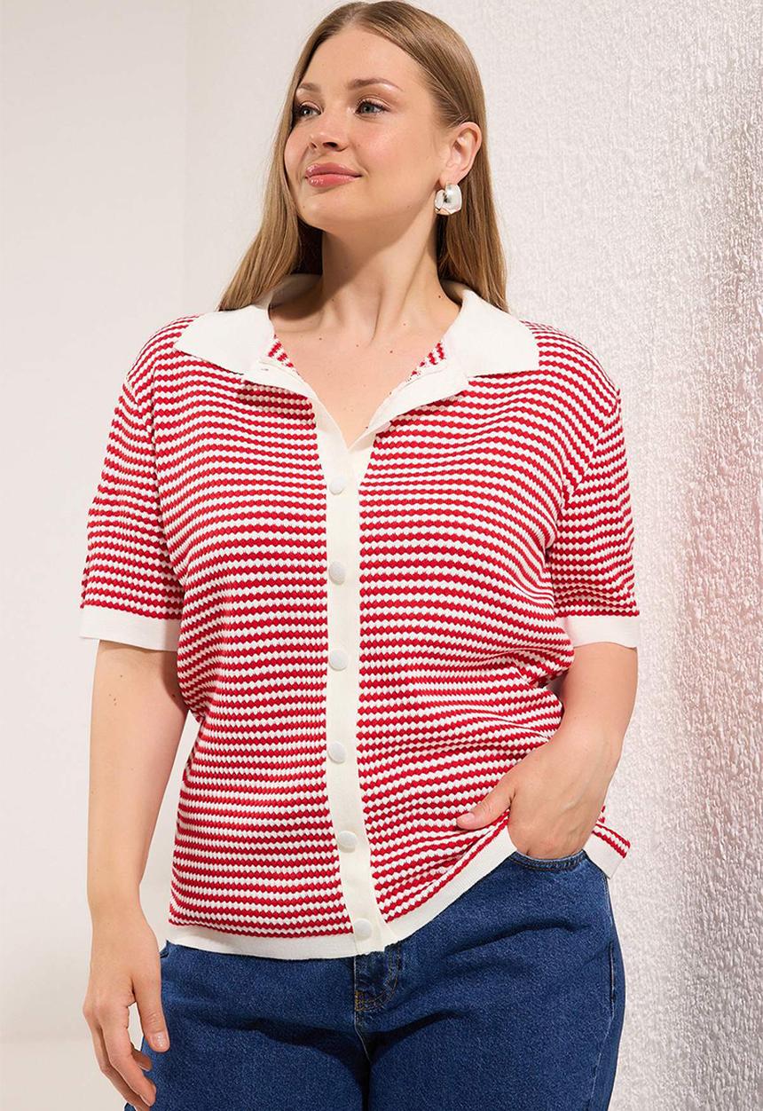 Trendyol - Plus Polo Collar Striped Top - Red