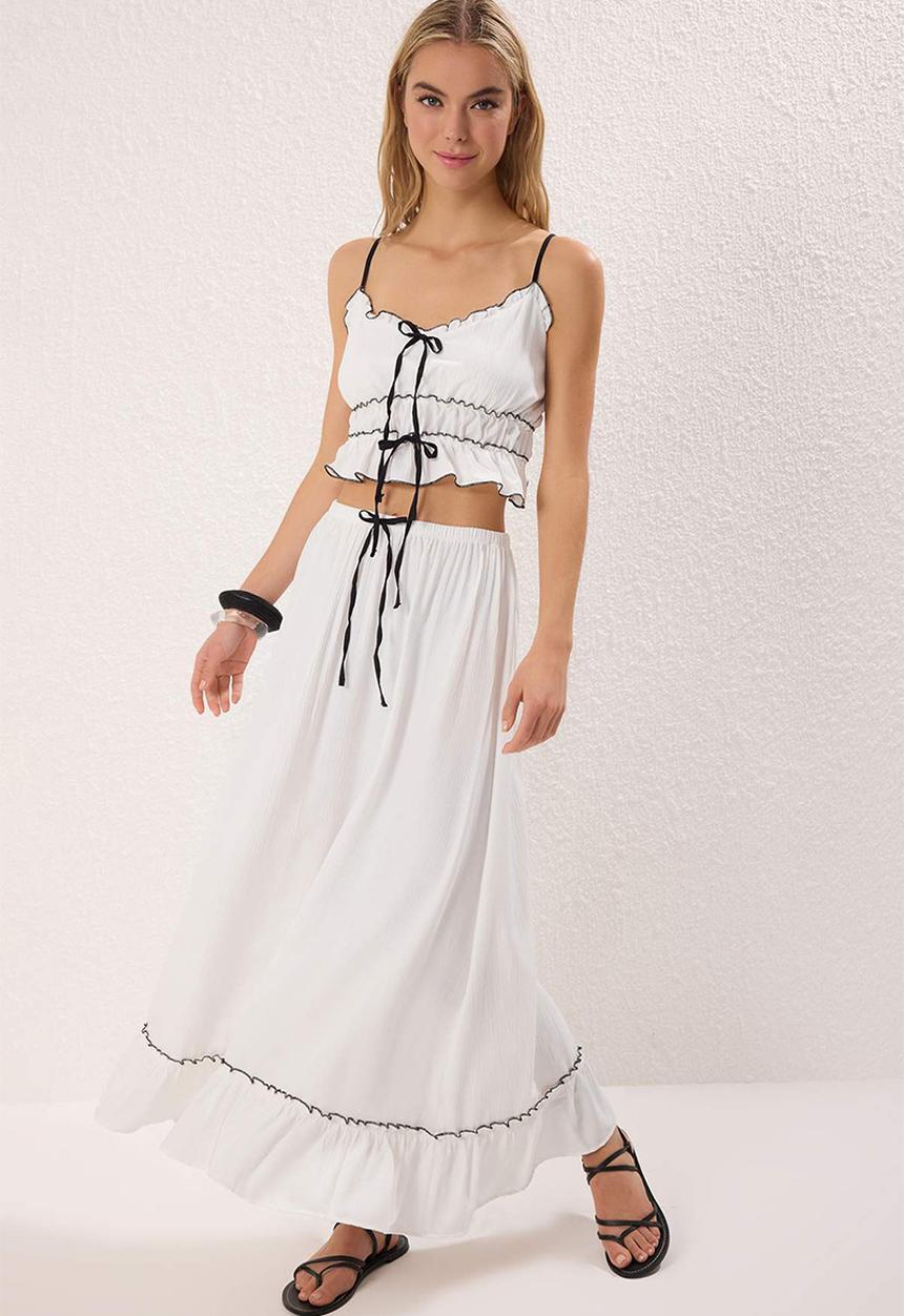 Trendyol - White Textured Ribbon Detailed Piping Beach Blouse Skirt Set