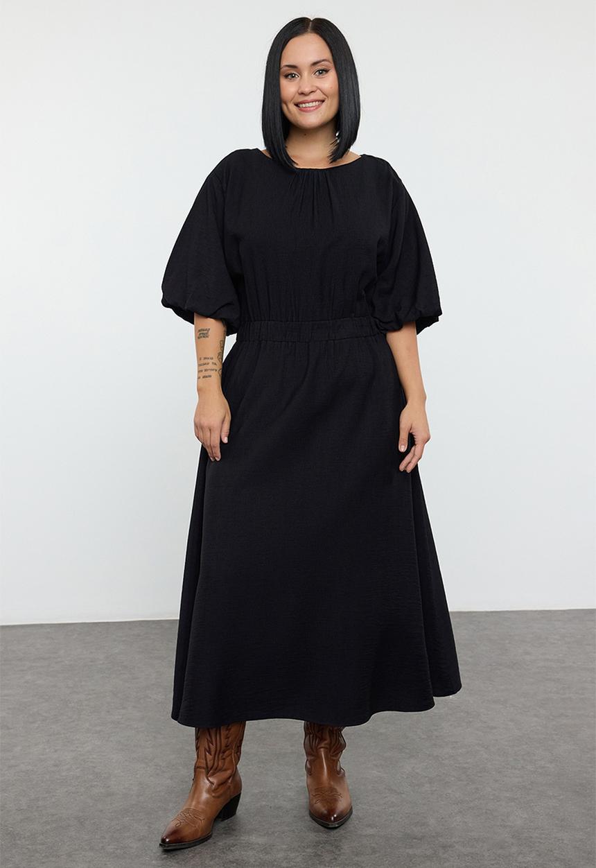 Trendyol - Plus Textured Balloon Sleeve Dress - Black