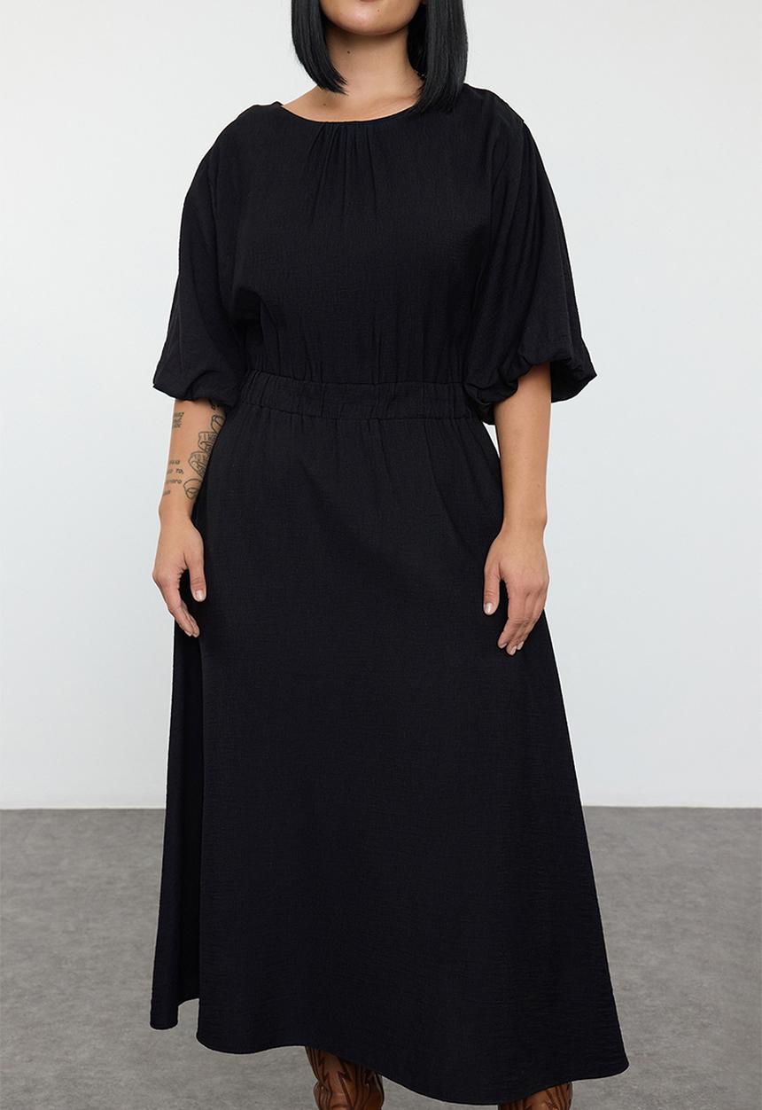 Trendyol - Plus Textured Balloon Sleeve Dress - Black