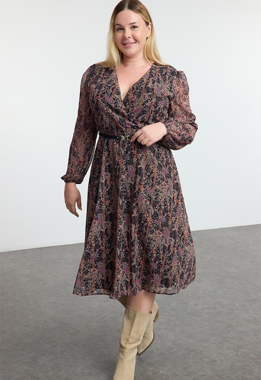 Trendyol - Floral Belted Chiffon Dress - Brown