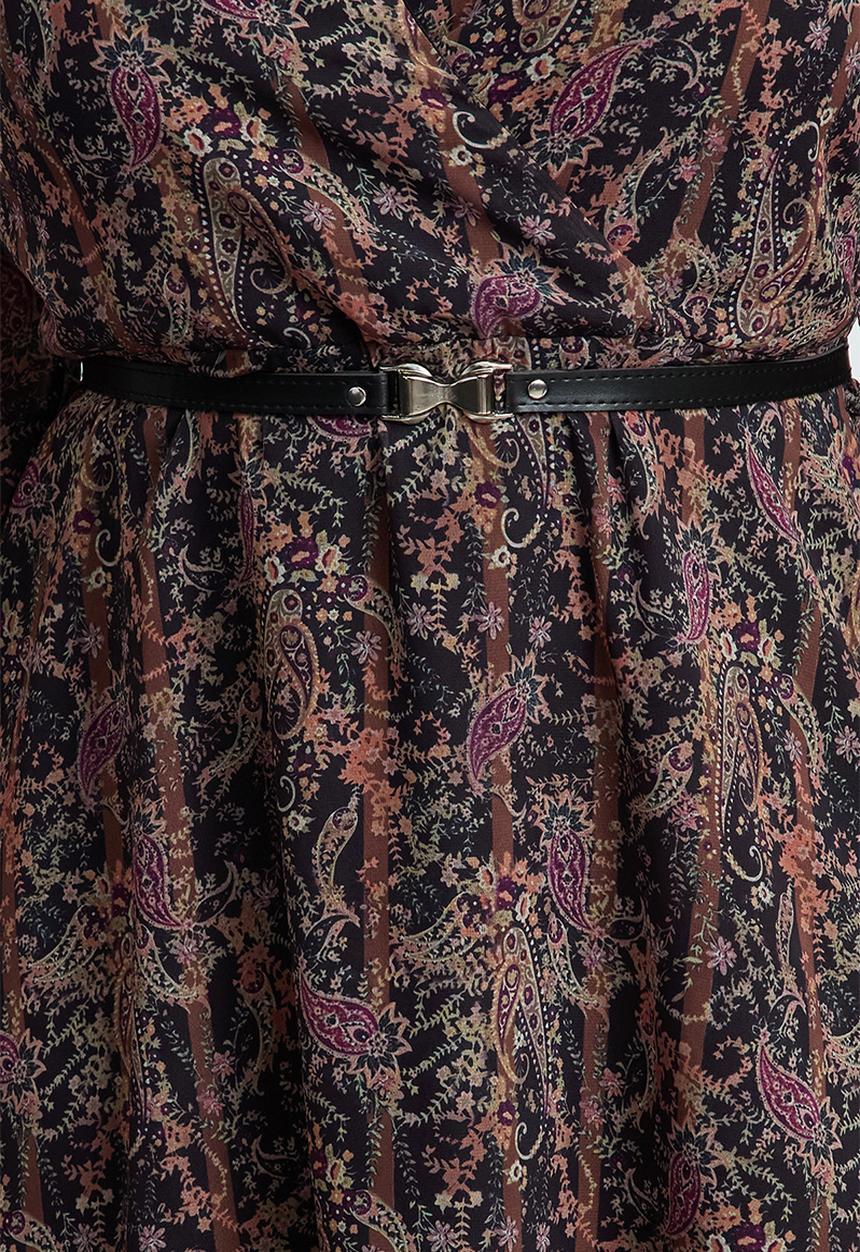 Trendyol - Floral Belted Chiffon Dress - Brown