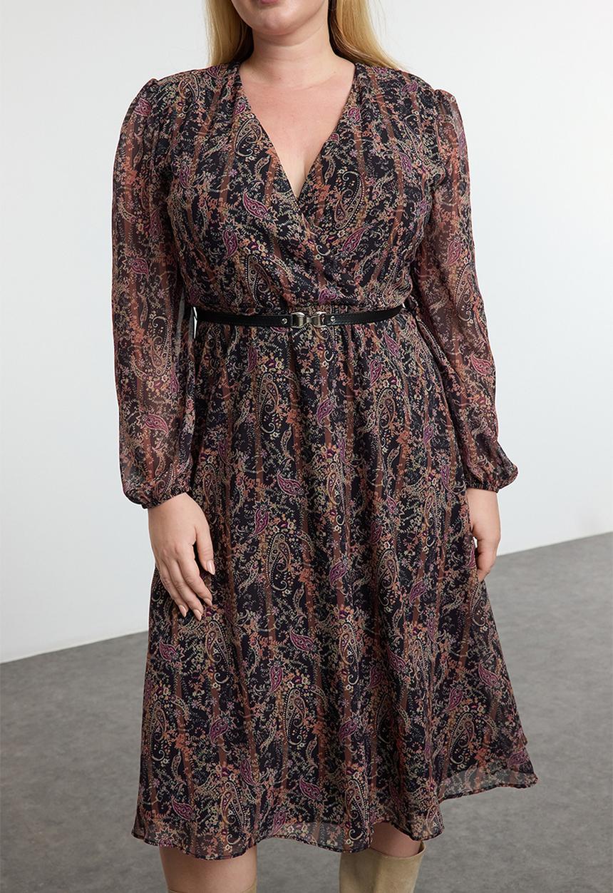 Trendyol - Floral Belted Chiffon Dress - Brown