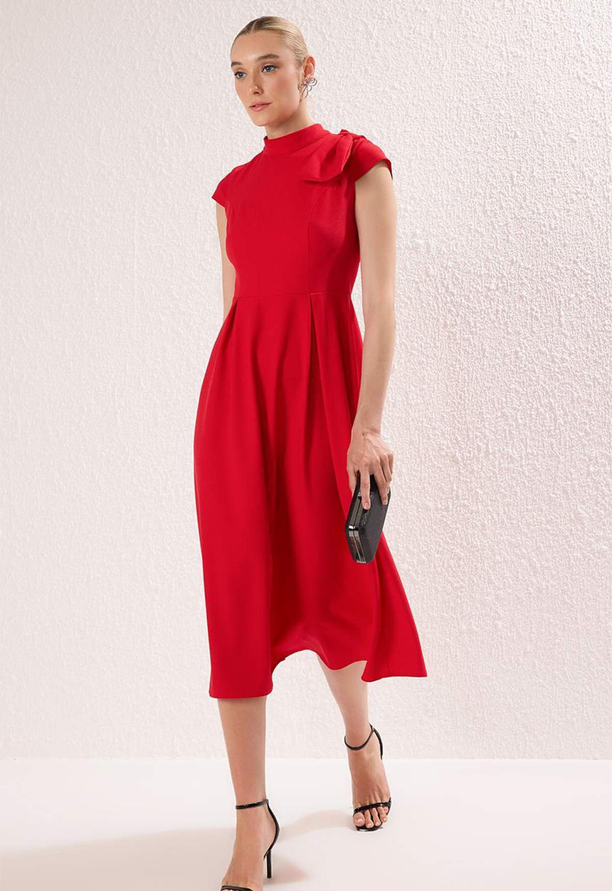 Trendyol - Crepe Midi Shoulder Detail Dress - Red