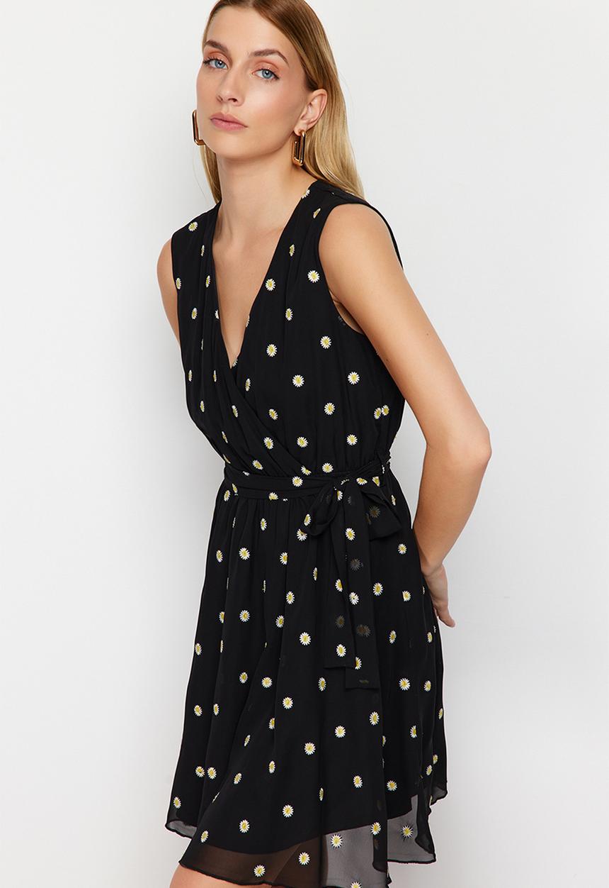 Trendyol - Skirt Flounce Embroidered Chiffon Lined Mini Woven Dress - Black