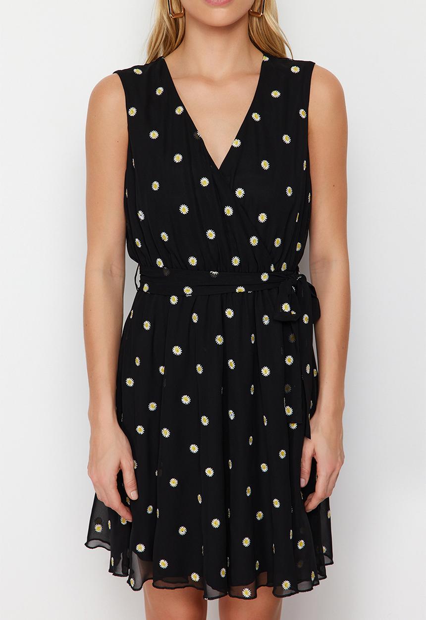 Trendyol - Skirt Flounce Embroidered Chiffon Lined Mini Woven Dress - Black