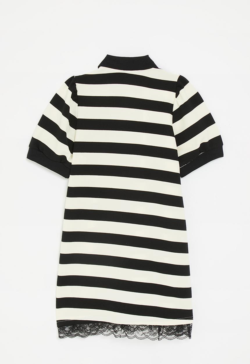 Pop Candy - Lace hem golfer dress with embroidered bow - black/cream