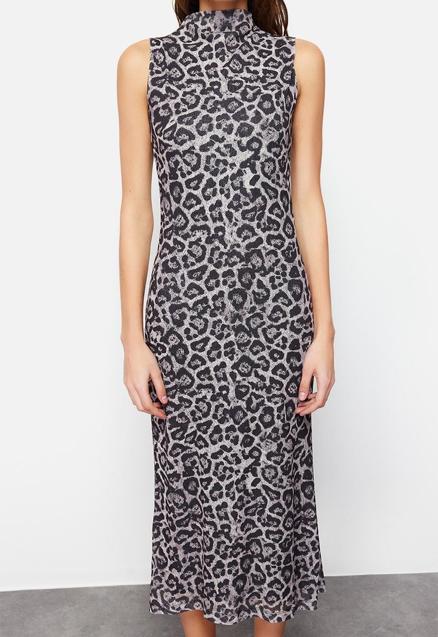 Trendyol - Textured Stand Collar Flexible Knitted Midi Pencil Dress - Anthracite