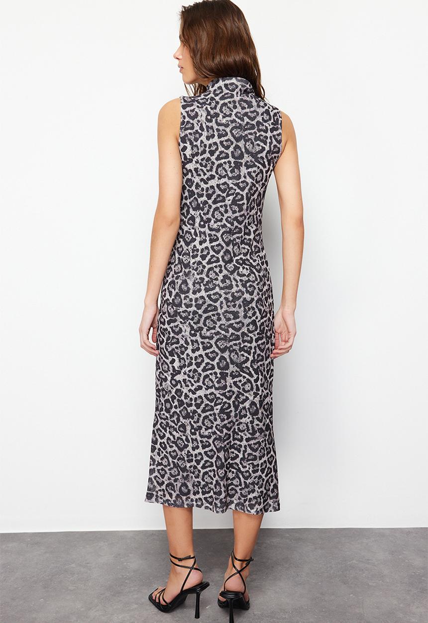 Trendyol - Textured Stand Collar Flexible Knitted Midi Pencil Dress - Anthracite