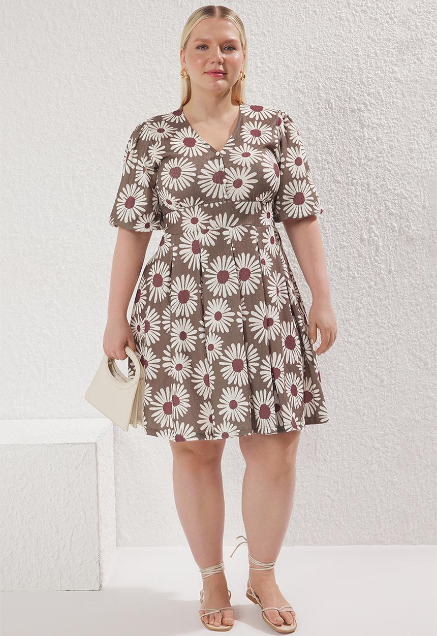 Trendyol - V-neck balloon sleeve floral pattern knitted plus size dress - very colorful