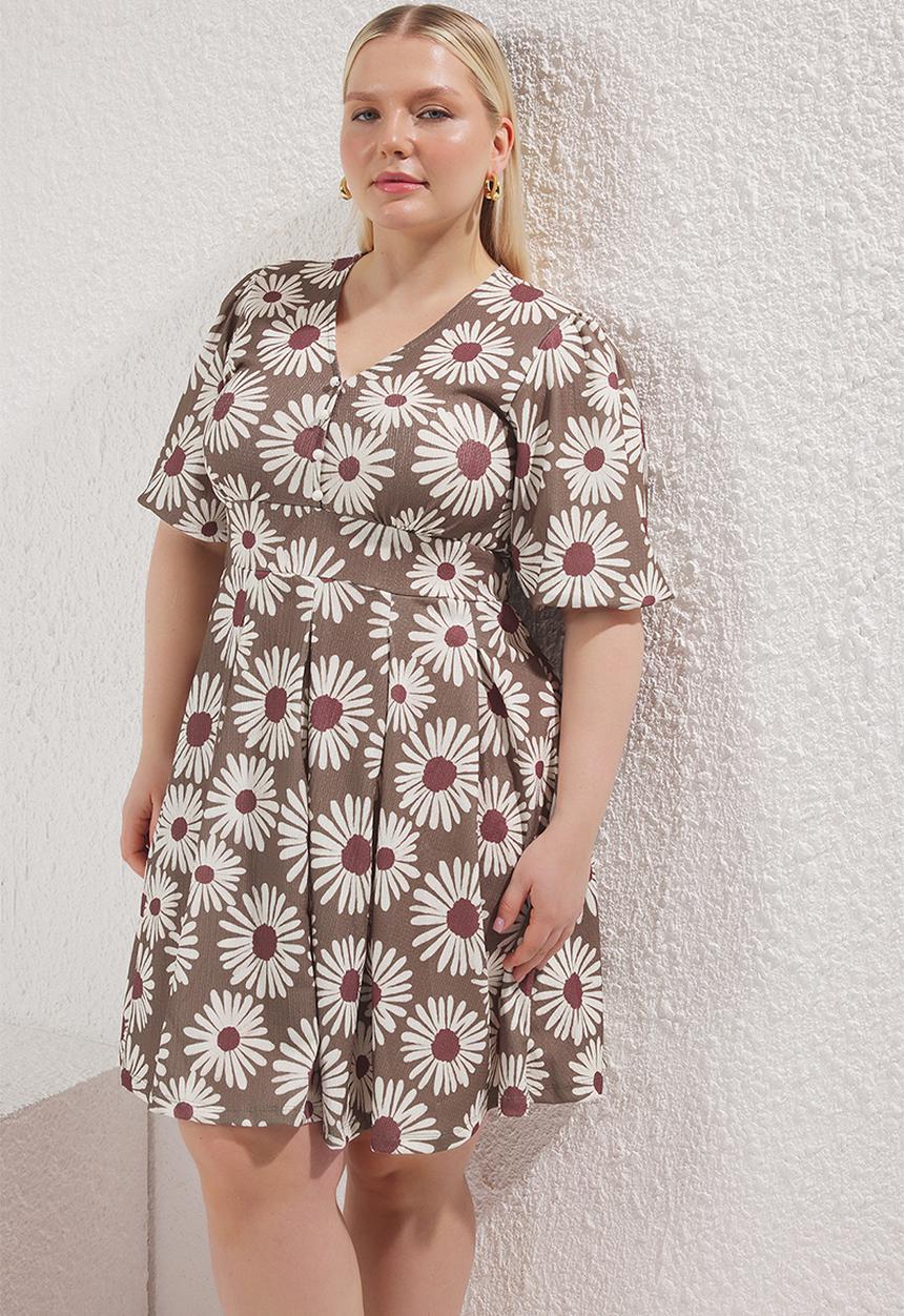 Trendyol - V-neck balloon sleeve floral pattern knitted plus size dress - very colorful