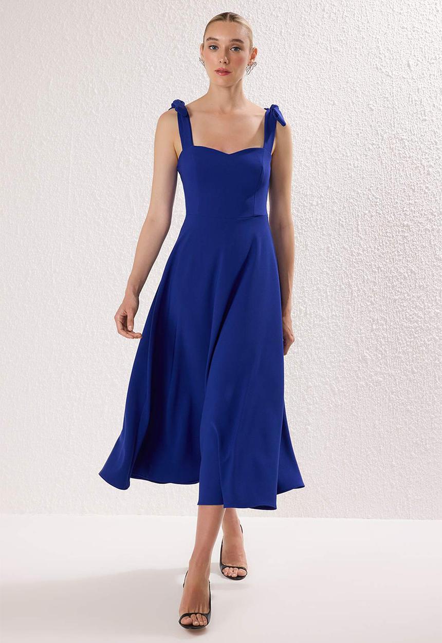 Trendyol - A-Line Strap Binding Detailed Woven Midi Stylish Evening Dress - blue