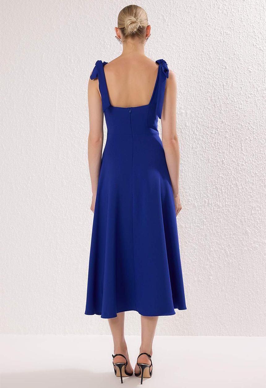 Trendyol - A-Line Strap Binding Detailed Woven Midi Stylish Evening Dress - blue