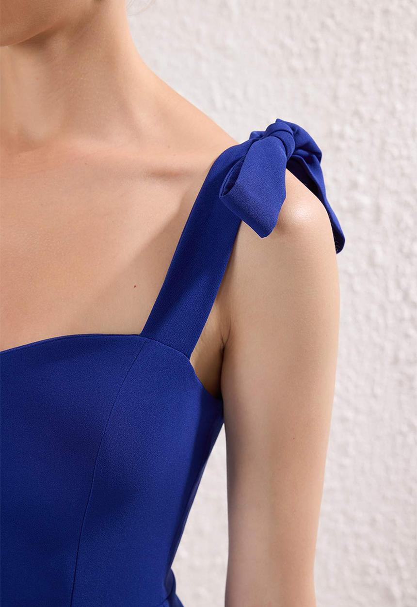 Trendyol - A-Line Strap Binding Detailed Woven Midi Stylish Evening Dress - blue