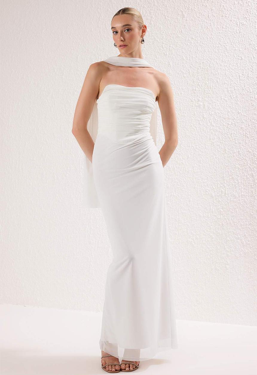 Trendyol - Foulard Tulle Knitted Maxi Evening Dress  - White
