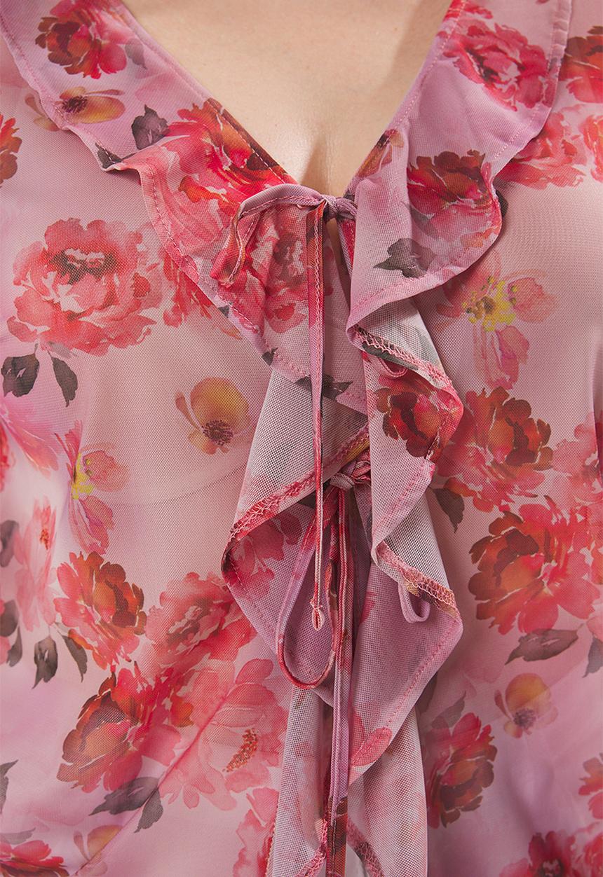 Trendyol - Floral patterned tied tulle knit plus size blouse - pink