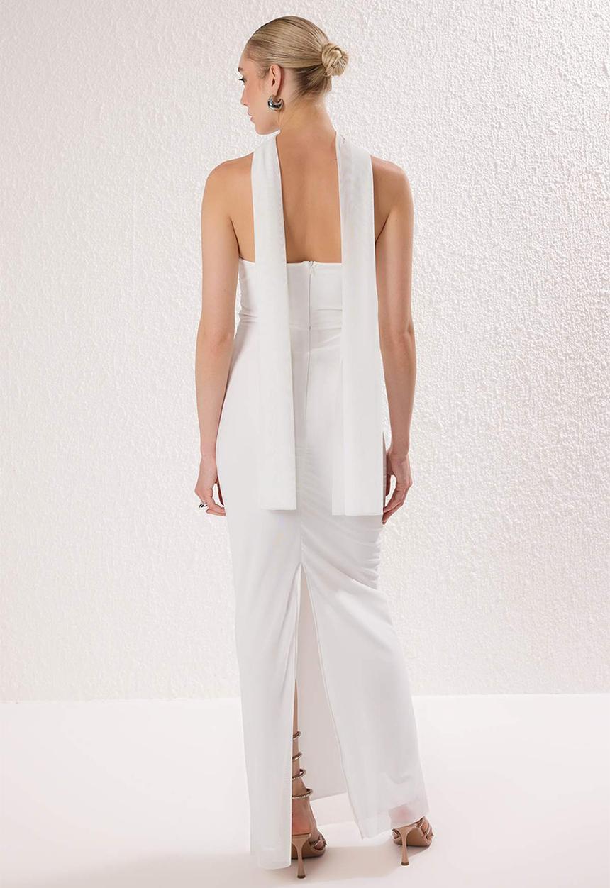Trendyol - Foulard Tulle Knitted Maxi Evening Dress  - White