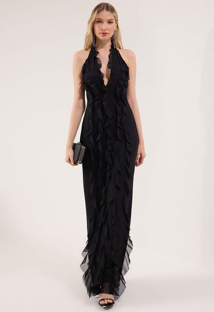Trendyol - Ruffled Lined Tulle Dress - Black
