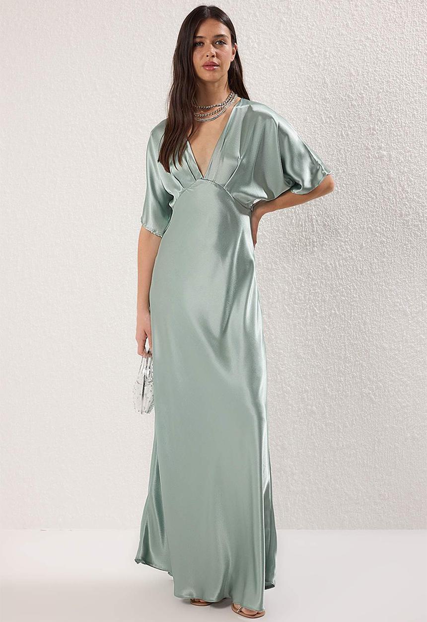 Trendyol - V neck woven satin maxi evening & graduation dress - mint
