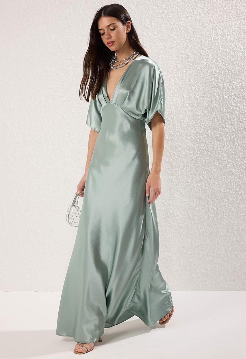 Trendyol - V neck woven satin maxi evening & graduation dress - mint