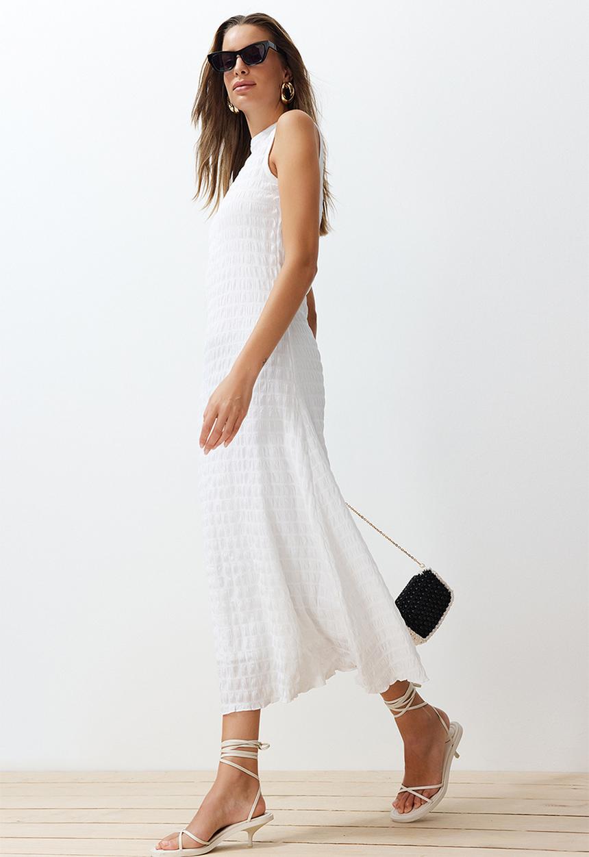 Trendyol - Plain Textured Crew Neck  Maxi Dress - White
