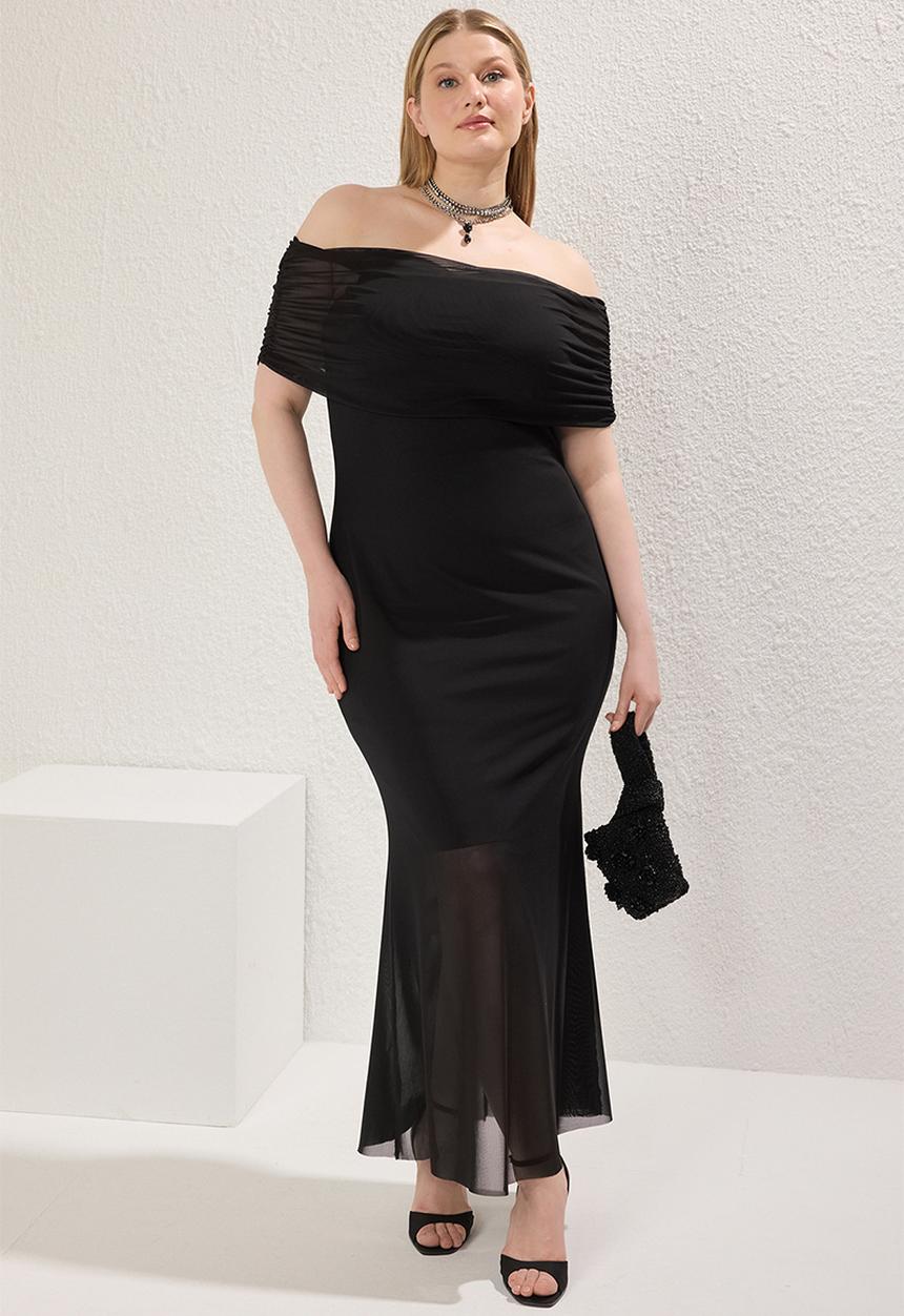 Trendyol - Plus carmen collar tulle knit plus size dress - black