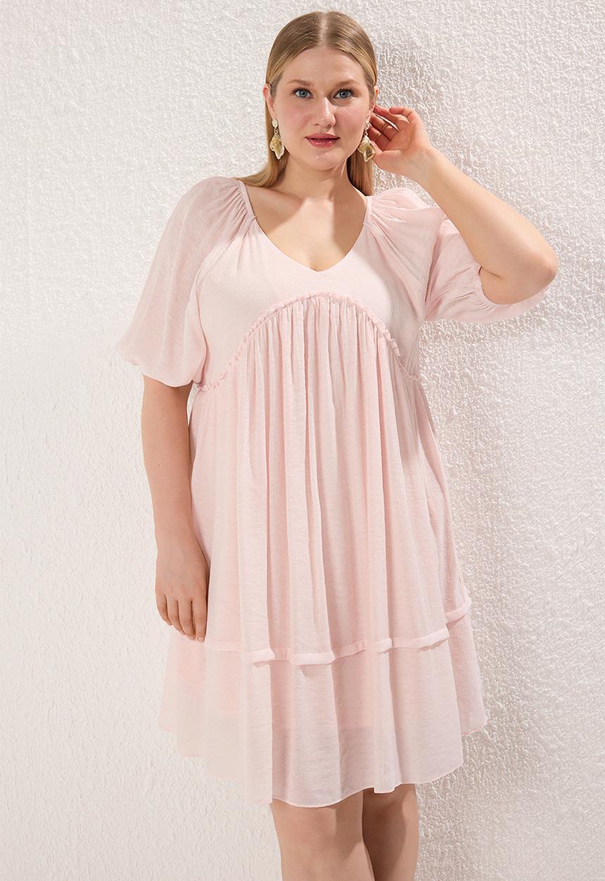 Trendyol - Balloon sleeve crinkle mini woven plus size dress - pink