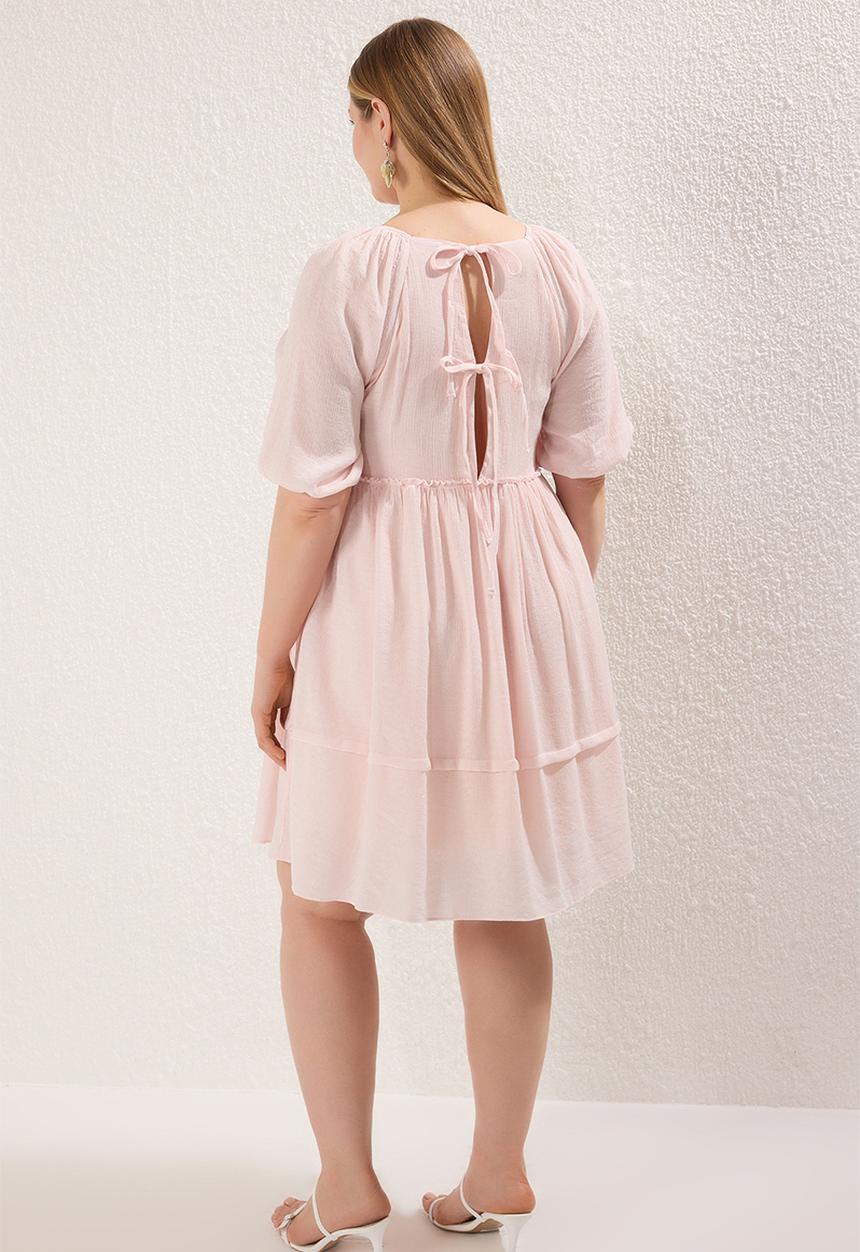 Trendyol - Balloon sleeve crinkle mini woven plus size dress - pink