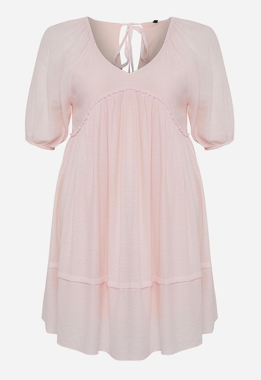 Trendyol - Balloon sleeve crinkle mini woven plus size dress - pink